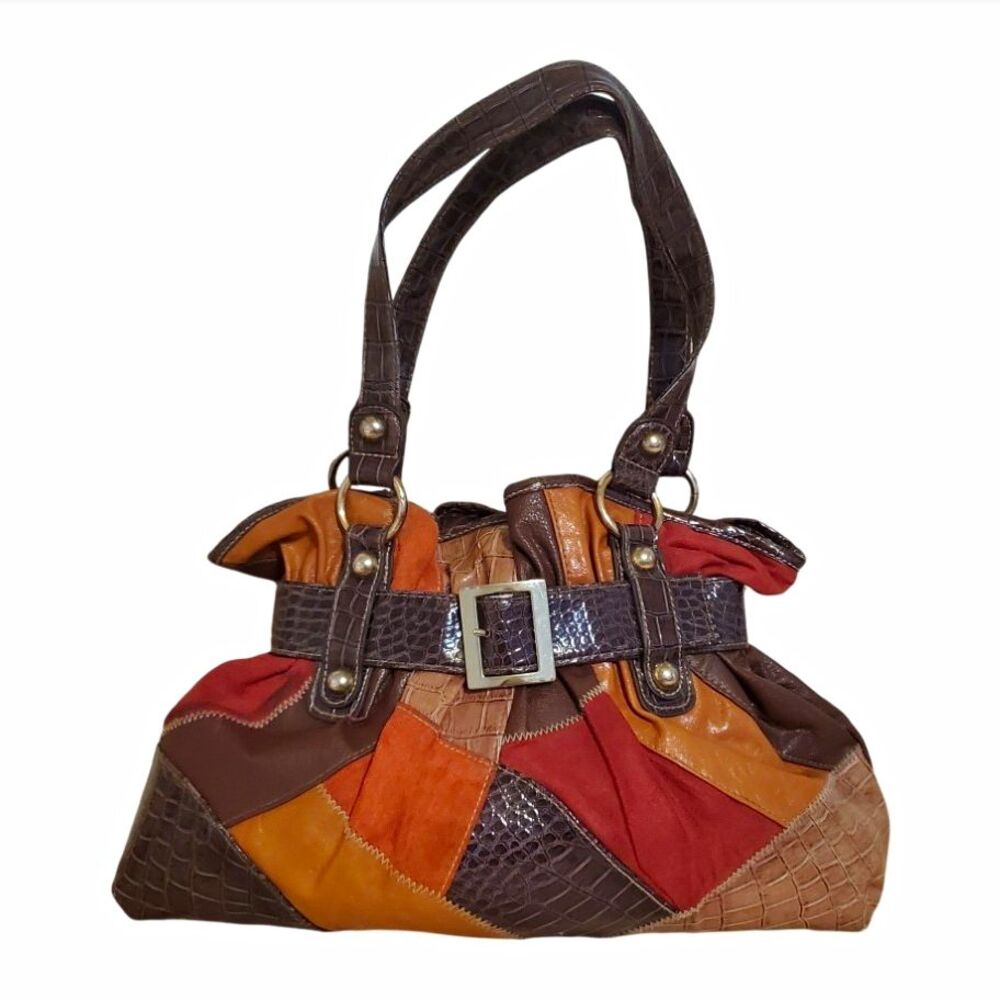 Vintage Y2K Chateau Brown Patchwork Large Buckle Shoulder Bag BOHO Hippie Retro